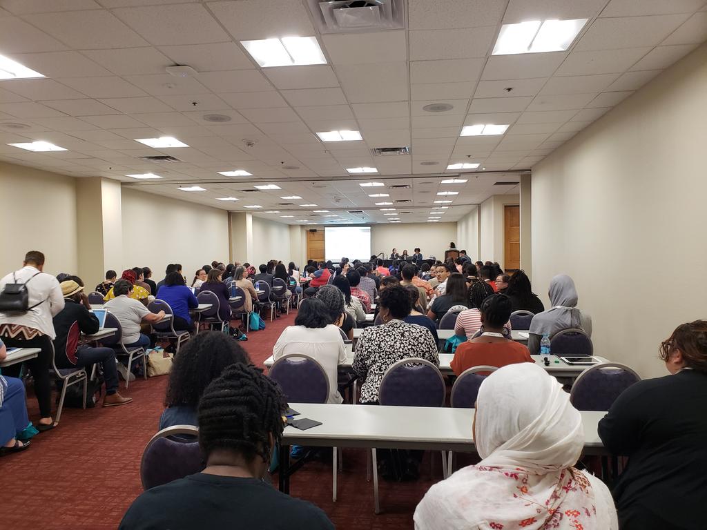 PamelaYCookEsq's tweet photo. I have been following #wehere since I joined #GalaxieLibrary, so I am glad to be at this "Community Building as self-care" workshop with the founders! It's a standing room only crowd & it started with a loving kindness meditation. #selfcare #JCLC2018 #selflove #readthesign https://t.co/qhD5HrcEwV