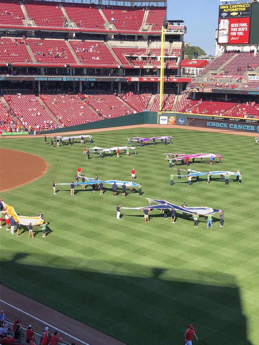 PeterL_Chapter6's tweet photo. Moving ceremony at the beginning of the @Reds game to Knock Cancer out of the Ballpark #KnockCancer #CancerEndsHere @uofcincy @uofcincyfound @uc_health https://t.co/SzDiElUONv