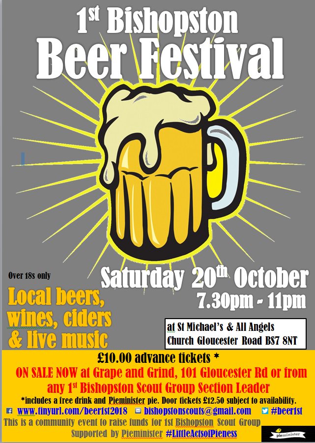 Beer1st's tweet photo. @bishmatters @bishopstonvoice @bristol247 @bristoltoday please RT. Follow us for updates on beer and music line up for Beer Festival on 20th October. All proceeds to 1st Bishopston Scout Group. Tickets: https://t.co/DHC9YK3Hvd #beer1st #littleactsofpieness @pieminister https://t.co/TKFExm4BWj