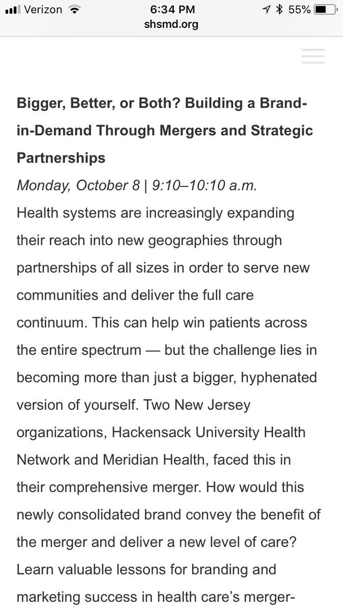 One of the challenges of  #SHSMD18 is choosing between concurrent sessions but I think this one is a must for me. I’ve been through many mergers but I don’t think you can ever learn enough. #branding #mergers #hcmktg #brandelevate