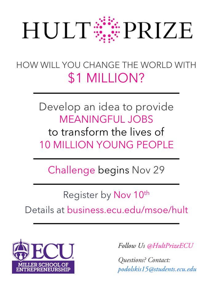 The Hult Prize Challenge, a business pitch competition for a million dollars in seed funding. I am looking for ways to connect with students through different organizations who have ideas to impact the world through positive change. Students who sign up will business professional