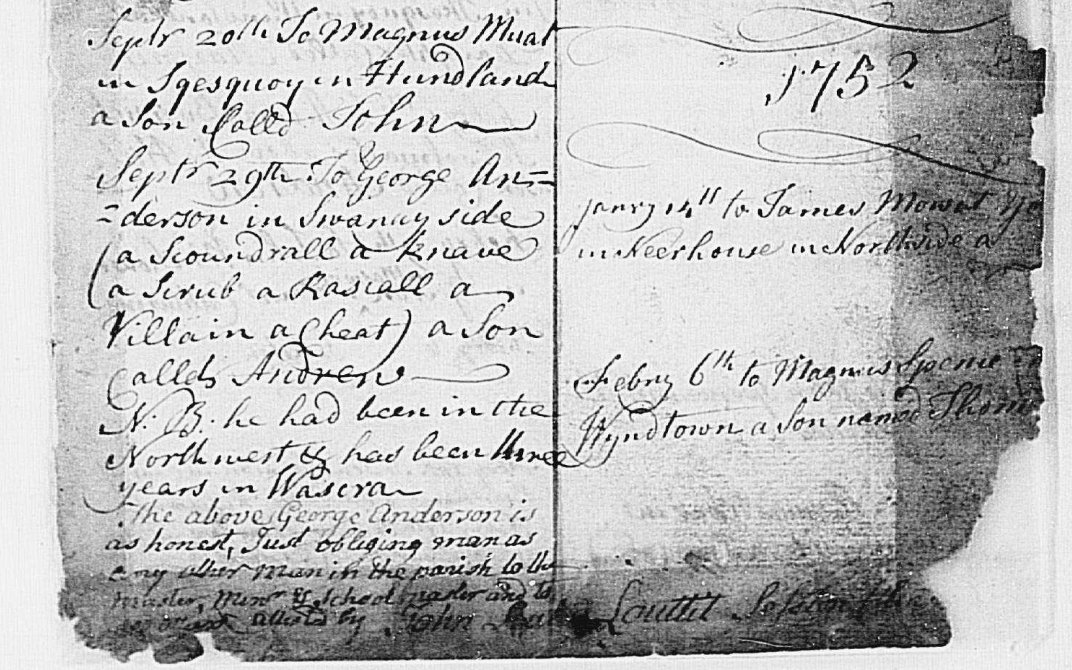 ScotlandsPeople's tweet photo. Personal resentment boils over in this entry from the Old Parish Register for Birsay, Orkney, on 29 September 1751 - thankfully corrected by a conscientious clerk... https://t.co/5x26kSAajw