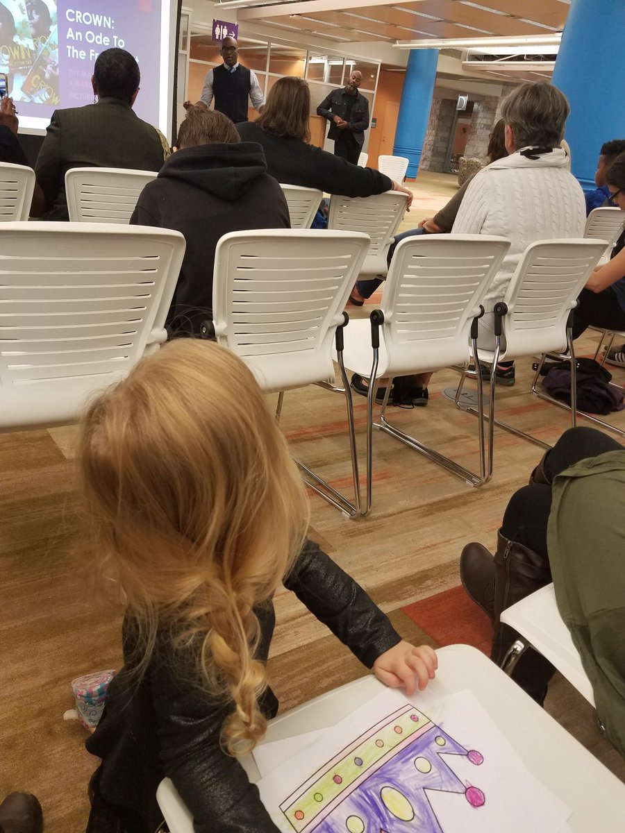 CleveFoundation's tweet photo. @authorddb and @GordonCJamesArt opening up at @Cleveland_PL for the final event of #CBW2018, talking CROWN: An Ode to the Fresh Cut. 👑👑👑 https://t.co/k8BHmJhkZt