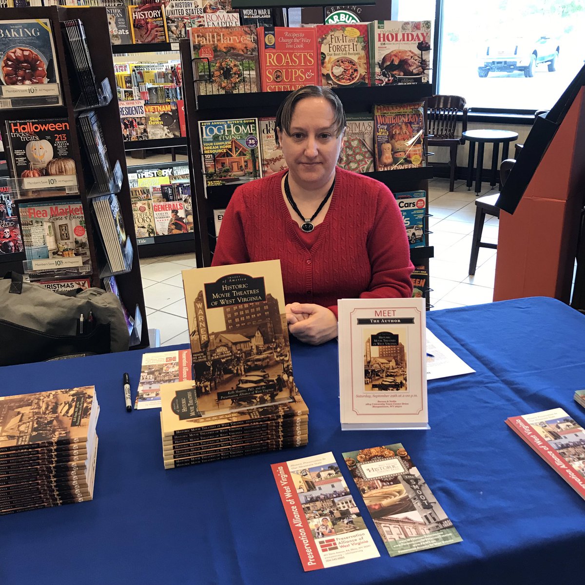 BNMorgantown's tweet photo. Kelli Shapiro is here meeting people and signing her book “Historic Movie Theatres of West Virginia.” @arcadia_publishing #bnbuzz #bnmorgantown #authorsoftwitter #author #authorsofhistory #paperback #authorsigning https://t.co/g6bqF6p7ou