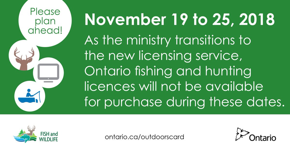 FishWildlifeON's tweet photo. While we get the new Fish and Wildlife Licensing Service up and running, there will be no sales for Ontario fishing and hunting products online, at licence issuers or at ServiceOntario from Nov 19 to 25. Learn more at https://t.co/obHcFzsYln https://t.co/4YqZAnaQ4x