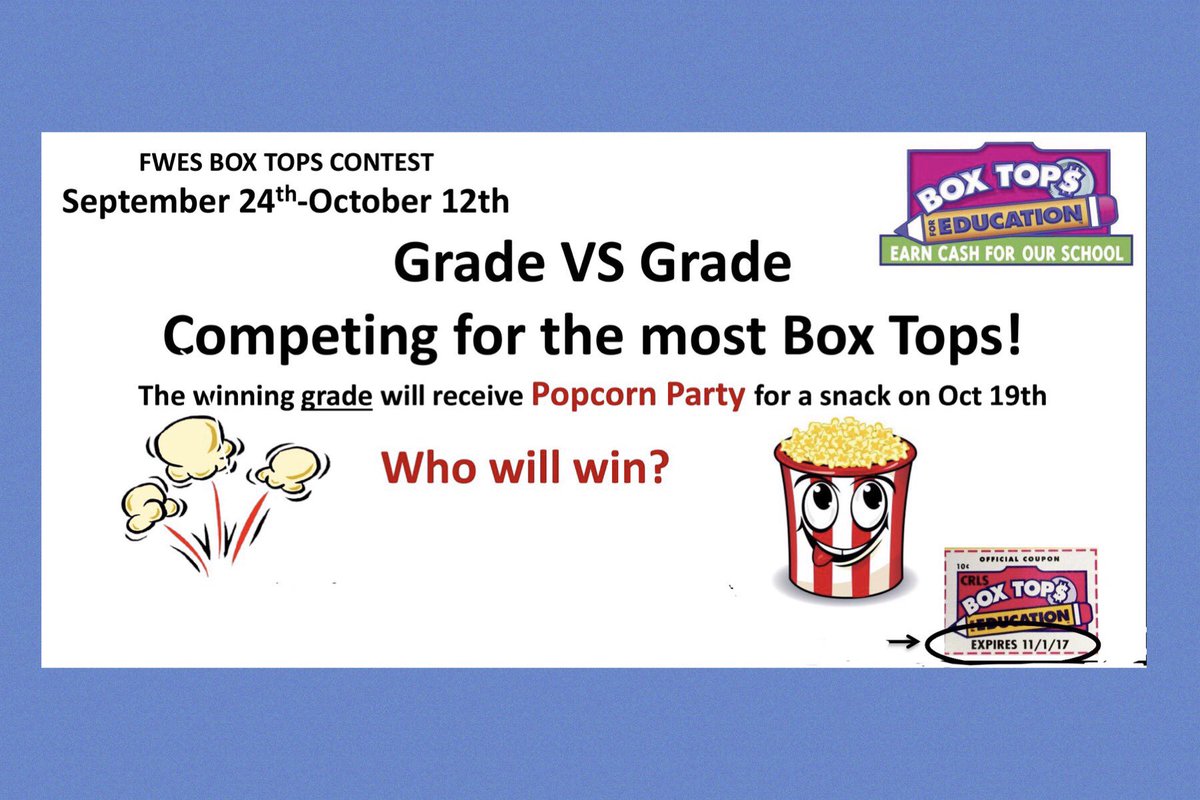 fwespta's tweet photo. ✂️Time to collect those Box Tops.✂️Grade vs. Grade contest now through October 12. More details: https://t.co/gDBM1Kz33X https://t.co/TW55LFdfca