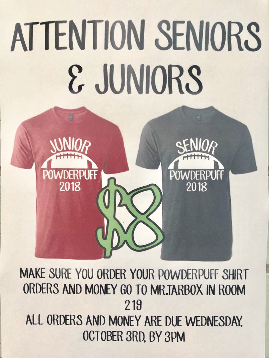 WCclassof2019's tweet photo. MAKE SURE TO SHOW YOUR SUPPORT BY ORDERING A SENIOR POWDERPUFF SHIRT. Money is due on Wednesday by 3pm to mr.tarbox in 219 https://t.co/9xI4HNRoLq