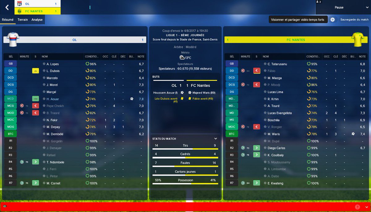 Vulrak's tweet photo. #FM18 | J'ai simulé le match de la 8ème journée de @Ligue1Conforama entre @OL et @FCNantes sur @FootballManager. J'ai zappé de publier ma simu'... @HoussemAouar marque en début de match mais #Warris égalise en fin de match. Attention les gones ! #CoachVuvu #OLFCN #Ligue1Conforama https://t.co/NnlA7cD0Ps
