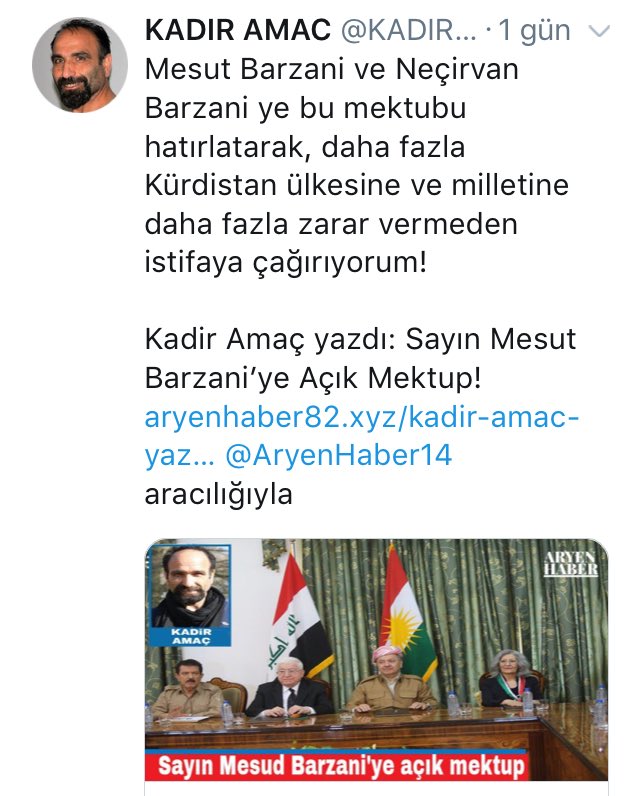 ehmedberoji's tweet photo. Kendini çok büyük bir aydın olarak gören Kadir Amaç, Başkan Mesûd Barzanî'ye açık bir mektup yazıp istifaya çağırıyor. Barzanî bir yıl kadardır zaten bu görevde değil, nasıl istifa etsin? Nasıl bu kadar cahil olabiliyorlar? https://t.co/GldOA7sYdn