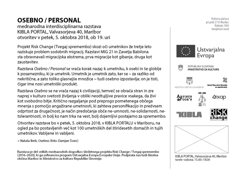KIDKIBLA's tweet photo. Osebno / Personal. International interdisciplinary art exhibition coming to KIBLA PORTAL in Maribor near you. Opening on 5th of October
at 7 pm. #riskchange #Personal https://t.co/PriAR8T9ti