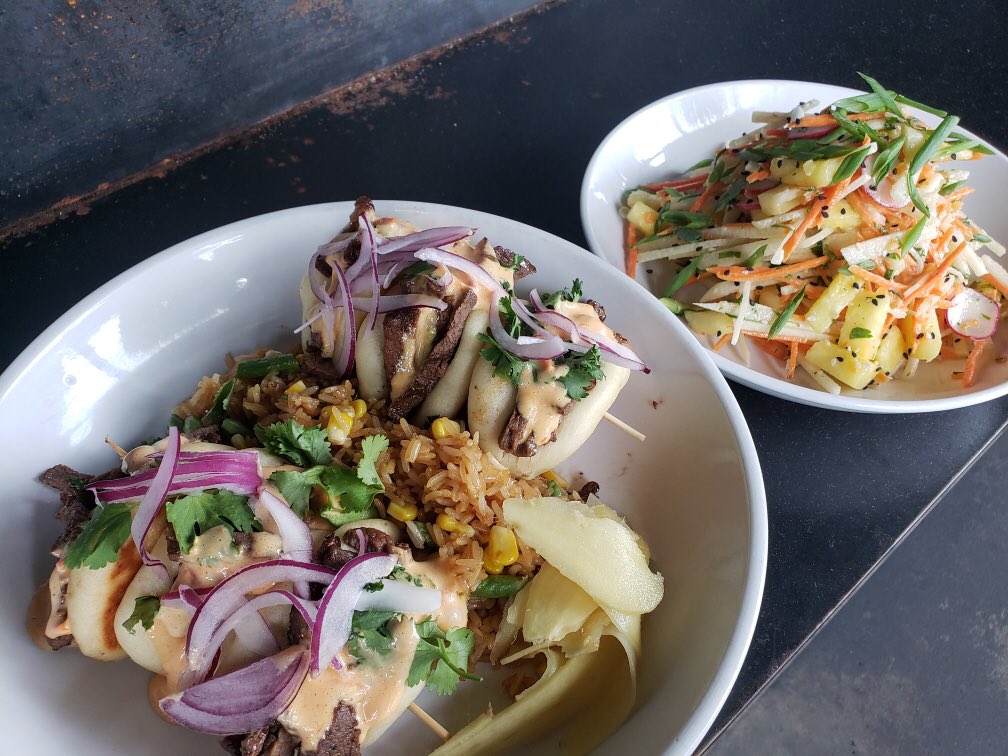 ::Family Style Brunch Special:: 
::Asian Style Short Rib Tacos::
Housemate bao buns, Grilled short ribs, pickled ginger, cilantro, onion, and chili aioli. Served with jicama-pineapple salad and stir fried rice.