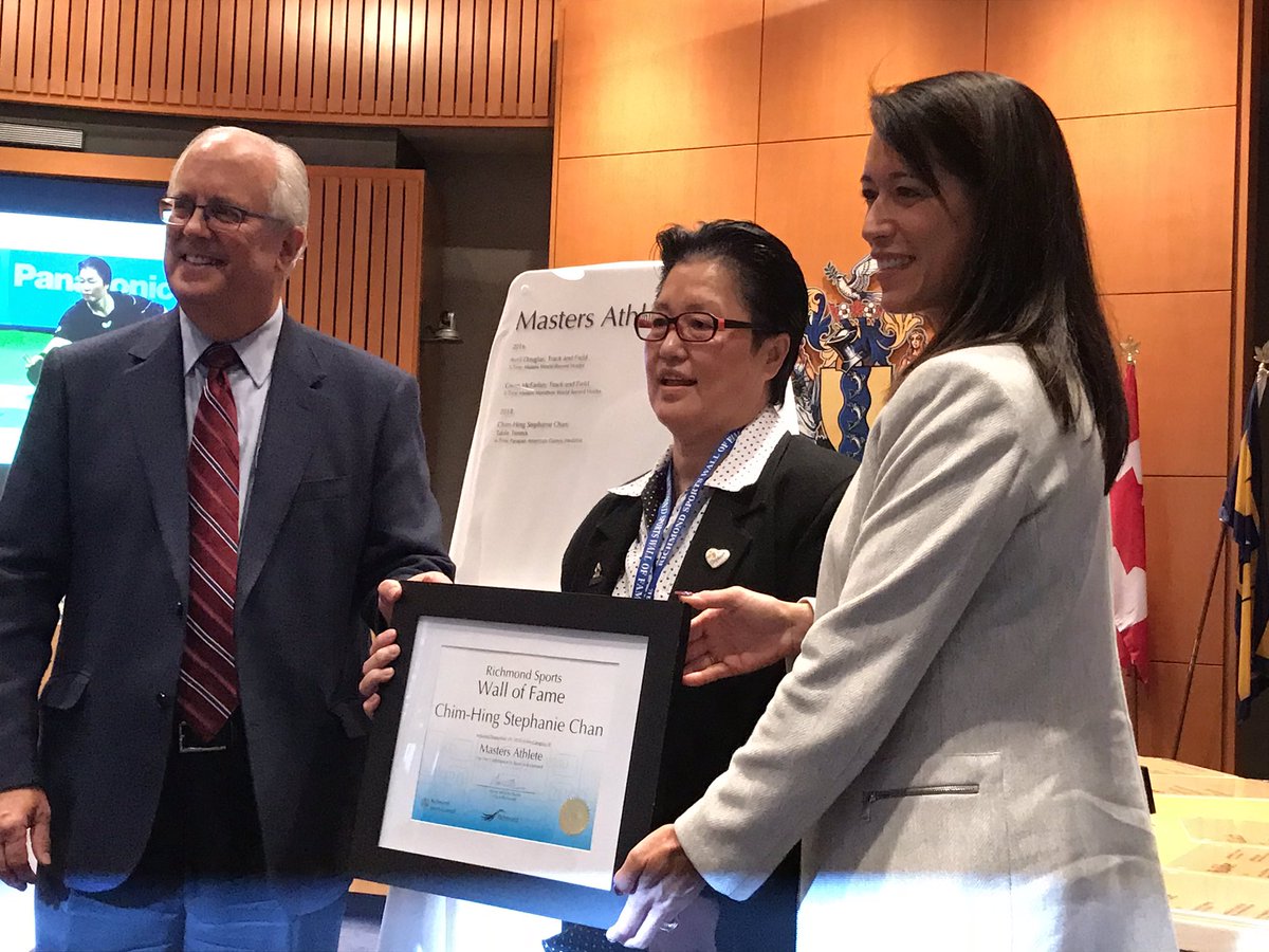 ChakAuRichmond's tweet photo. Among a very diverse group of 2018 inductees of Richmond Sports Wall of Fame, Stephanie Chan is the first Master Athlete of Chinese descent. A 21-year Richmond resident, started table tennis at 44 and won 4 gold medals for Canada in ParaPanAm Games. Truly an inspiration for all! https://t.co/98K4wvVn6c