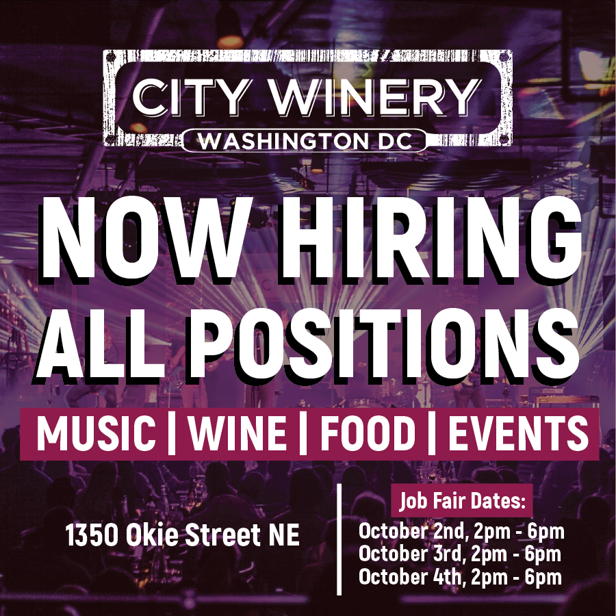 CityWineryDC's tweet photo. Hey #washingtondc! We're hiring! Join an incredible team of #hospitality professionals who all share a love for music, wine, food, and private events. Bring a resume to City Winery October 2nd - 4th to apply in person. #jobfair #dcjobs #hiringdc #202creates #dcworkers #dcwork https://t.co/bfoOC3E7bp
