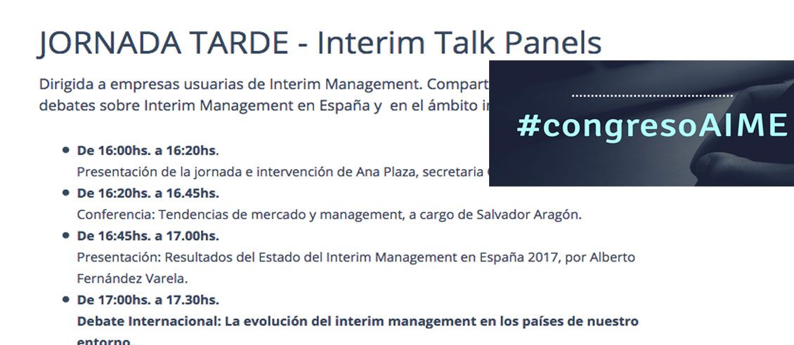 Interimspain's tweet photo. #congresoAIME: Debates y conferencias por la tarde, dirigido a empresas usuarias de Interim Management, hablaremos sobre #InterimManagement en España y en el ámbito internacional. https://t.co/MZZNRWfefZ #directivos #Madrid #soyINTERIM https://t.co/8GF261q7AU