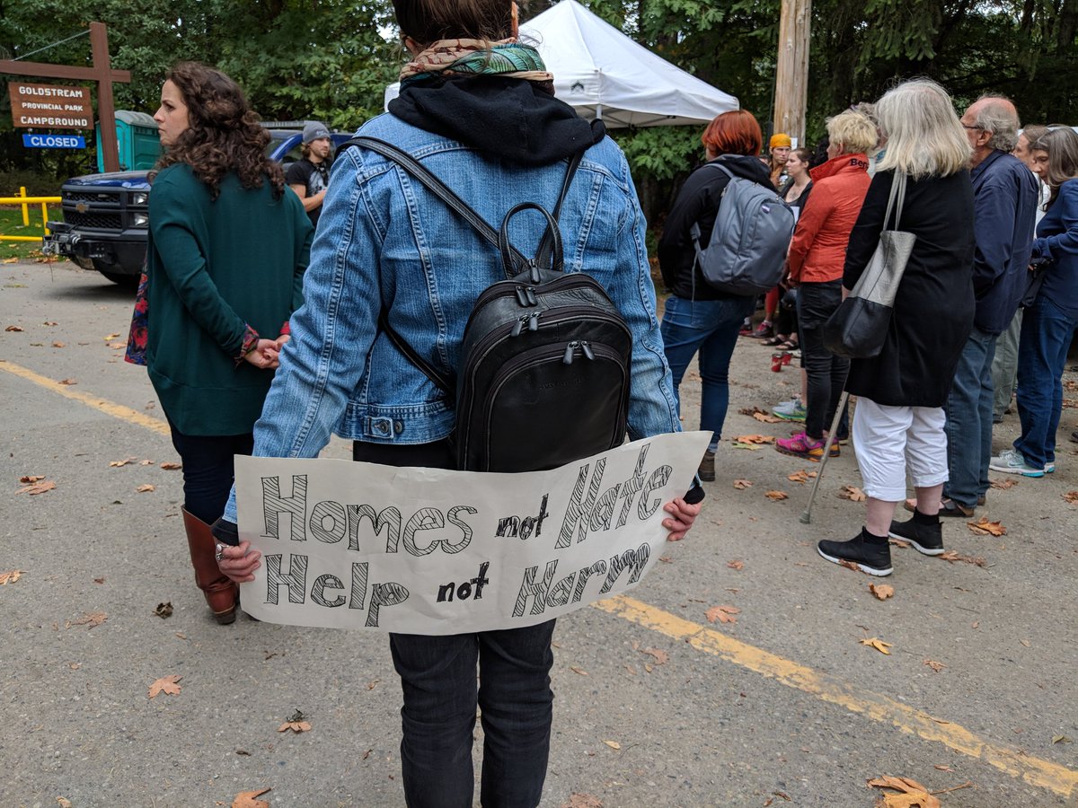 lindseyhorsting's tweet photo. Peaceful rally for #CampNamegans at the entrance of the Goldstream Park campground. #yyj #yyjnews https://t.co/vxdSWFoDn7