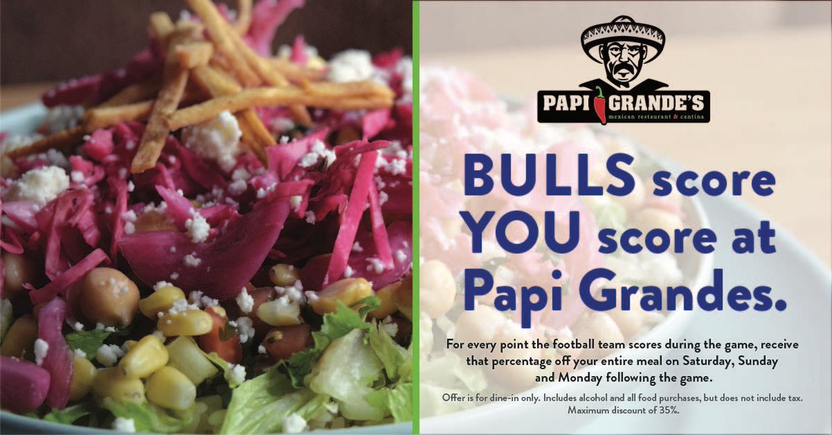 UBAthletics's tweet photo. Looking for dinner plans this weekend? Stop by @PapiGrandes_ and receive 13% off your entire meal! 🤘 https://t.co/U0BSIsxcFY