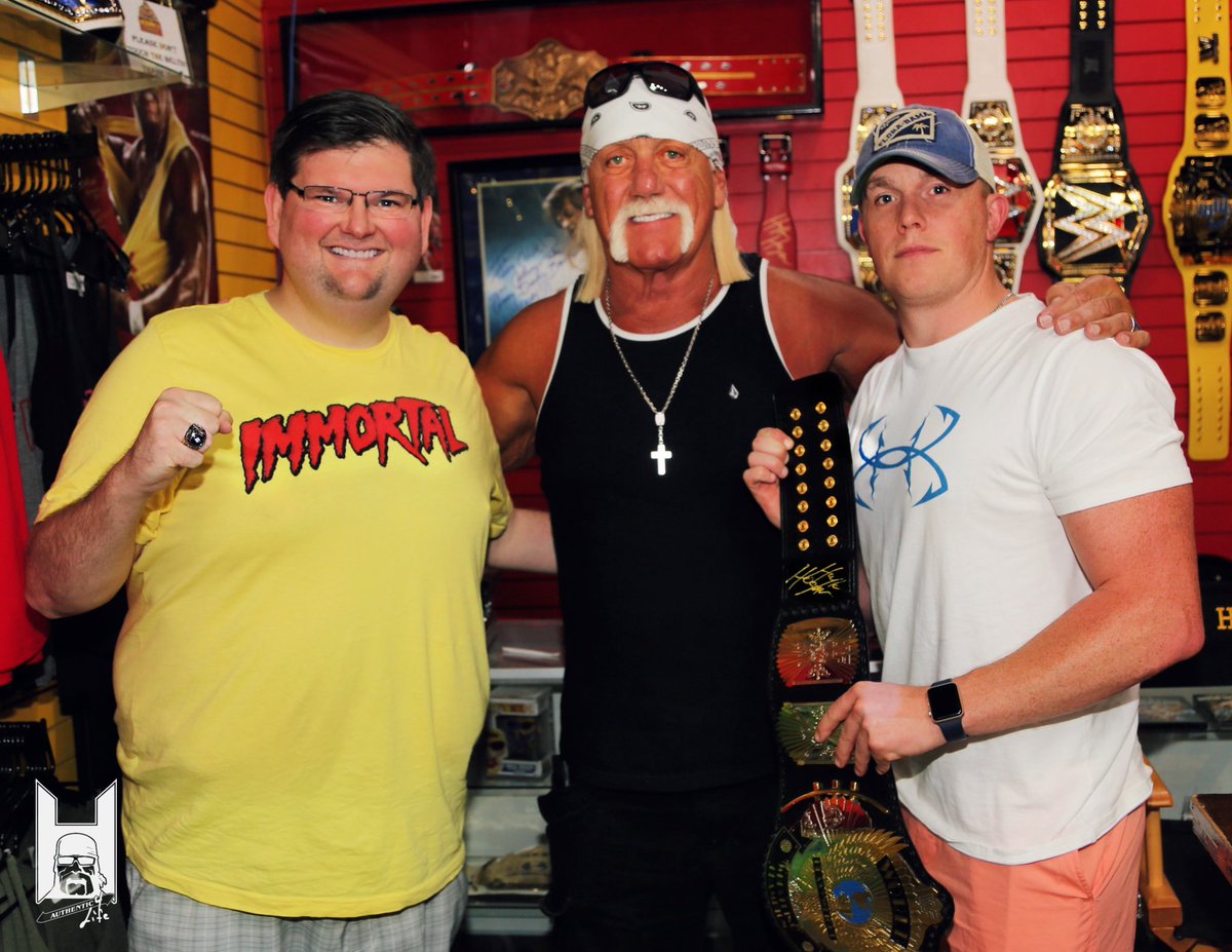 BranndonKelley's tweet photo. Great time (as always) with @HulkHogan at @HogansBeachShop. Professional, friendly staff and well organized event! Nothing like a couple of Falling Waters (@BranndonKelley &amp; @Rhockensmith) originals hanging with the #hulkster #Hulkamania #Hulkamania #TeamHogan #NWO #PHWF https://t.co/cmgx4wEKKH