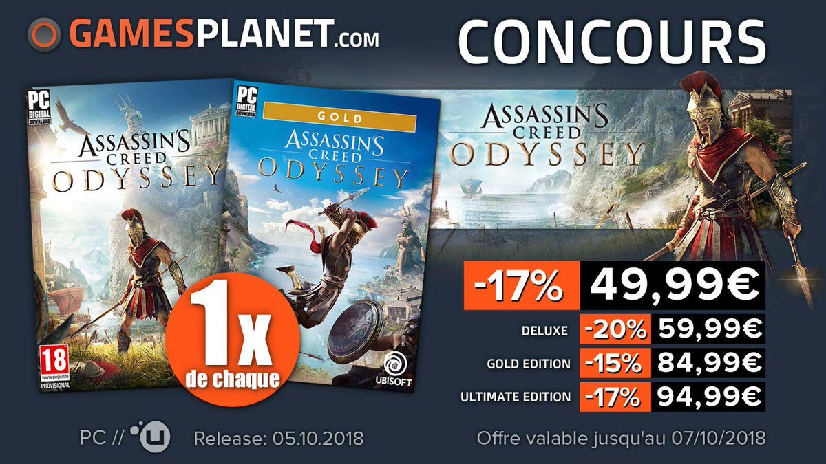 JournalDuGeek's tweet photo. RT &amp; Follow @JournalDuGeek + @GamesplanetFR pour remporter le jeu PC Assassin's Creed Odyssey ! Disponible en pré-commande ici : https://t.co/nyx8VUkrBz https://t.co/O8N22xld1V