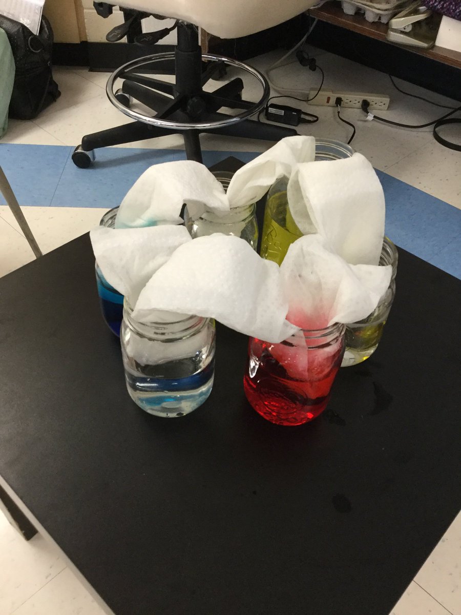 Mrs_Hodgins's tweet photo. What will happen when we put water and food colouring (primary colours only) in jars and connect the jars to one other using paper towel? So many predictions! We made observations every two hours on Friday and can’t wait to see results on Monday! @JohnApostleOCSB #SJAndpl https://t.co/2bb7lOSwwI