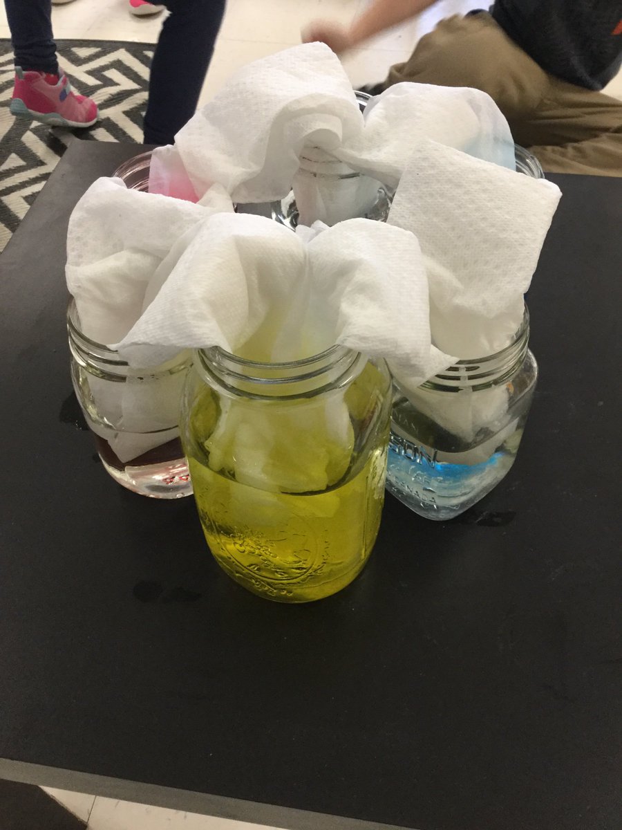 Mrs_Hodgins's tweet photo. What will happen when we put water and food colouring (primary colours only) in jars and connect the jars to one other using paper towel? So many predictions! We made observations every two hours on Friday and can’t wait to see results on Monday! @JohnApostleOCSB #SJAndpl https://t.co/2bb7lOSwwI