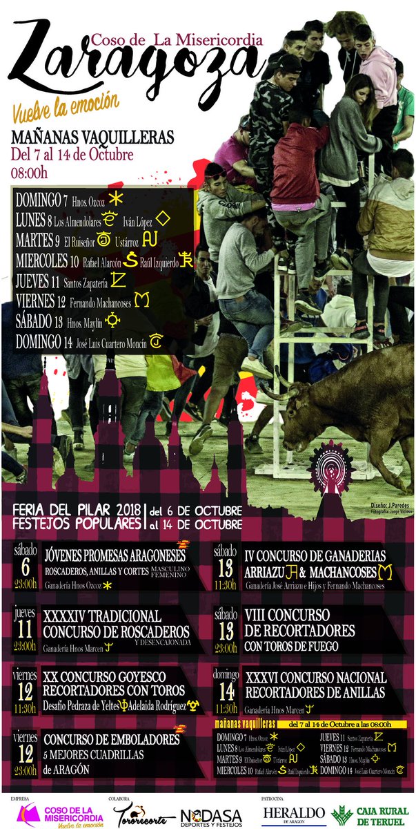 CosoZaragoza's tweet photo. 🔜 En una semana comienzan los festejos populares en el Coso de la Misericordia #Zaragoza.
Aquí están anunciadas todas las ganaderías de las "mañanas vaquilleras." 👇
#TorosZaragoza2018 #PopularesZaragoza2018 https://t.co/fecB1hwLSX