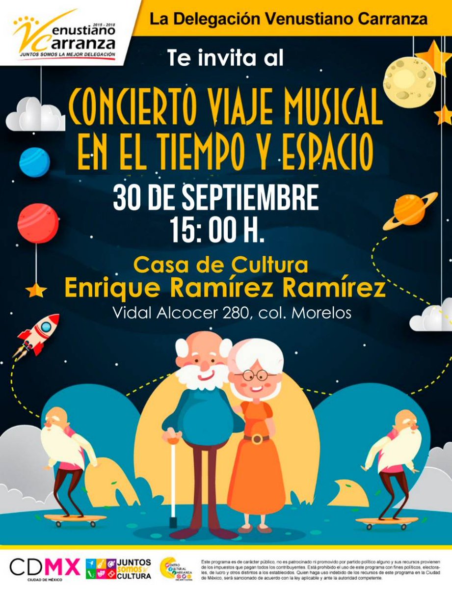 Disfruta del Concierto Musical Viaje en el Tiempo y Espacio mañana en punto de las 15:00 horas en la Casa de Cultura Enrique Ramírez y Ramírez. Entrada libre. #MLM