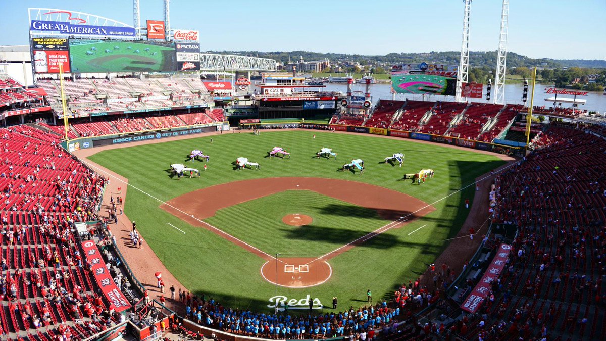 Reds's tweet photo. Eight giant awareness ribbons are proudly on display as we unite in the fight against cancer. Each of these ribbons is being held by caregivers, researchers, family members, patients and survivors. #KnockCancer π https://t.co/4CEGzWXvuo