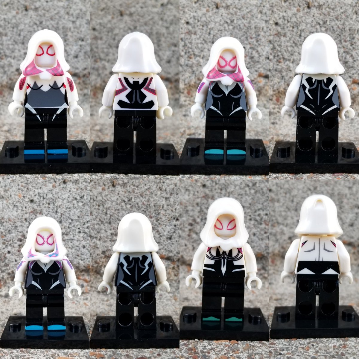 LexxZombie's tweet photo. I decided to do a little comparison of all the #BootLego Spider-Gwen variants (and Anti Gwenom). The last pic is the official Lego minifigure coming out which looks bland by comparison. https://t.co/Dyln028Hzg