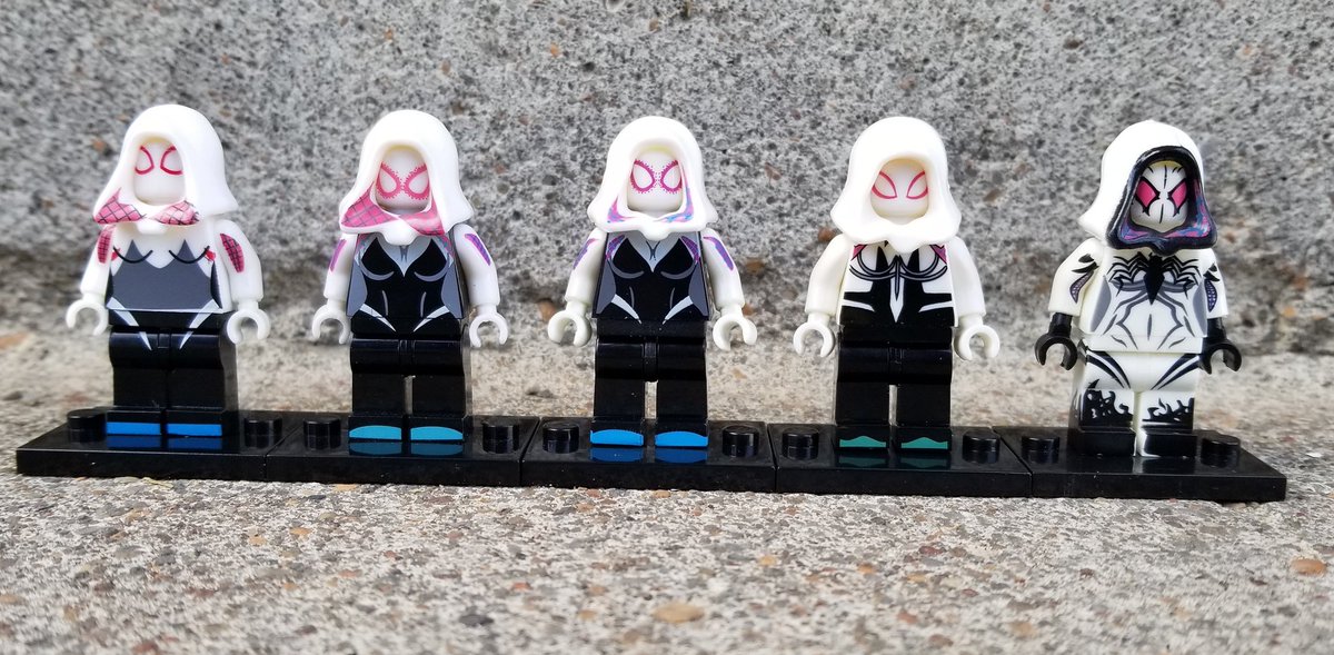 LexxZombie's tweet photo. I decided to do a little comparison of all the #BootLego Spider-Gwen variants (and Anti Gwenom). The last pic is the official Lego minifigure coming out which looks bland by comparison. https://t.co/Dyln028Hzg