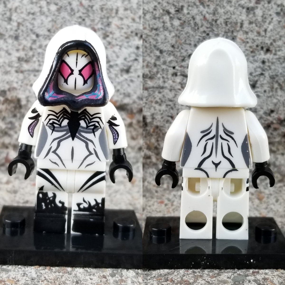 LexxZombie's tweet photo. I decided to do a little comparison of all the #BootLego Spider-Gwen variants (and Anti Gwenom). The last pic is the official Lego minifigure coming out which looks bland by comparison. https://t.co/Dyln028Hzg
