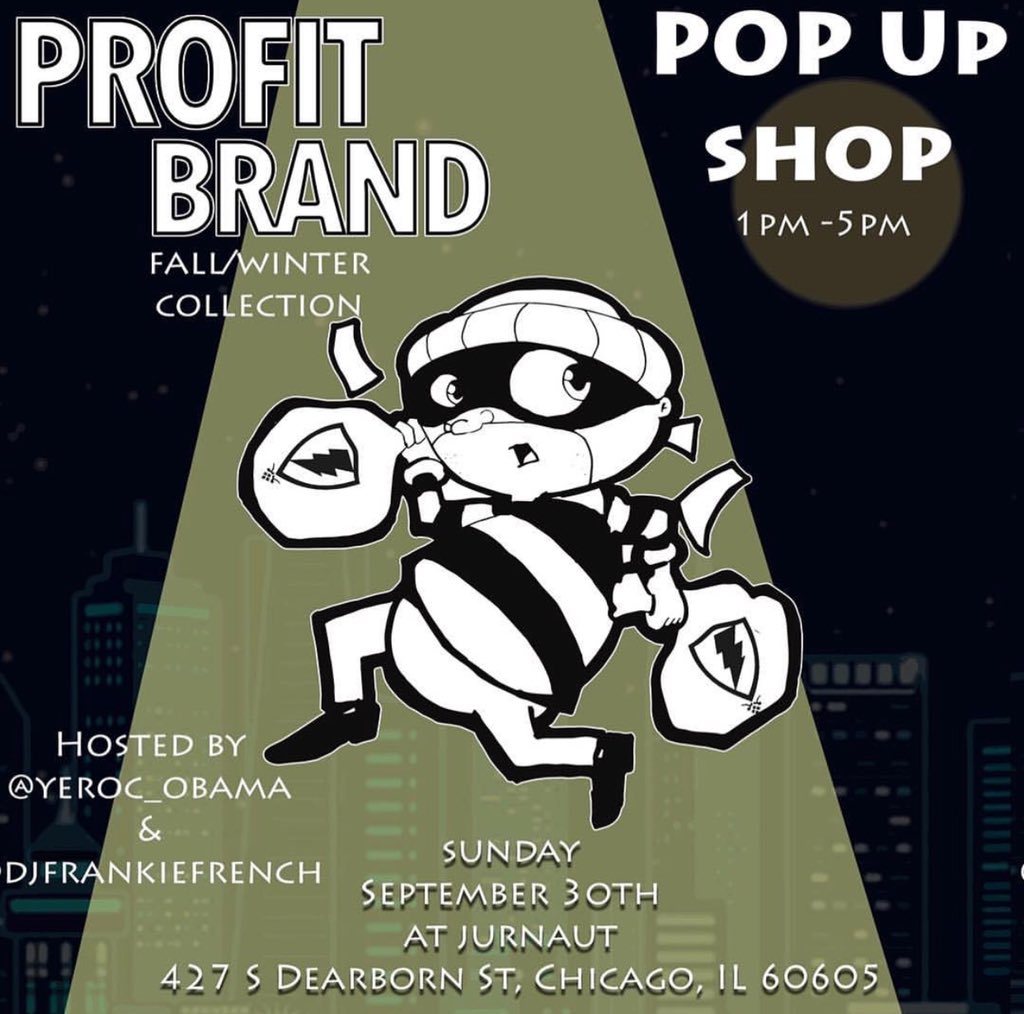 ConstanceAgency's tweet photo. If you’re in the Metro Chicago Area tomorrow, Stop by @Jugrnaut for the Profit Brand #TakeTheBank Collection Pop-Up Shop. 

427 S Dearborn St. Chicago, IL, 60605 

1pm - 5pm https://t.co/vWHg0vbx1w