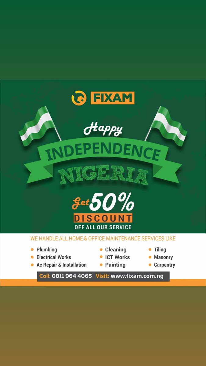 FixamNow's tweet photo. Nigeria would be 58 on 1st of Oct. We are giving the 1st 58 customers 50% off all our services. Click here to read more https://t.co/EGxOkbTsHC 
#SALUTE2DFLAG2018 #PreIndependenceParty #TheCircle #InStudioConcert #nigeria #independence #CHELIV https://t.co/OKGoB0JKiG