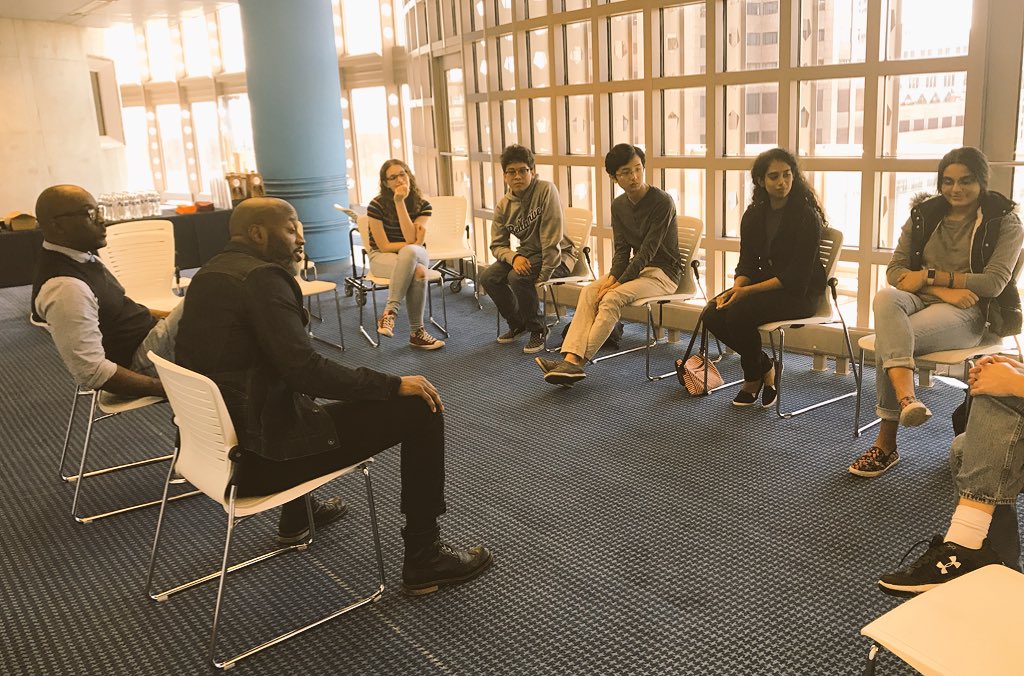 cararosebyrne's tweet photo. My first year students had the amazing opportunity to talk to Crown author Derrick Barnes and illustrator Gordon C James at the downtown @Cleveland_PL today. We discussed children’s literature, style, creativity and courage.  #CWRU #CBW2018 https://t.co/fVQA0ALYbh