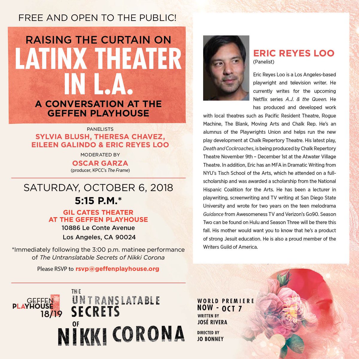 Rehearsals start tomorrow for #DeathandCockroaches. Prepping by speaking on this panel 10/6 con ⁦@GalindoEileen⁩ who’s playing Mom in my show. #GPLatinx #LatinxTheatre ⁦@GeffenPlayhouse⁩