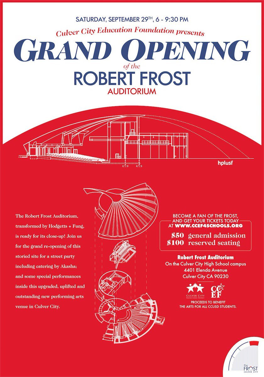 Join #CulverCity for the grand re-opening of the Robert Frost Auditorium tonight at 6 PM! The celebration will include catering by <a href="/AkashaCC/">AKASHA</a> and special performances inside the upgraded, uplifted and outstanding new performing arts venue! ow.ly/lzrr30lYFFv