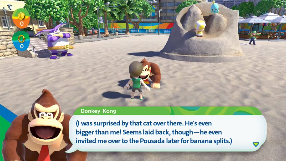 topherflorence's tweet image. want the "my dinner with andre" of big the cat and donkey kong's weird dessert date in brazil