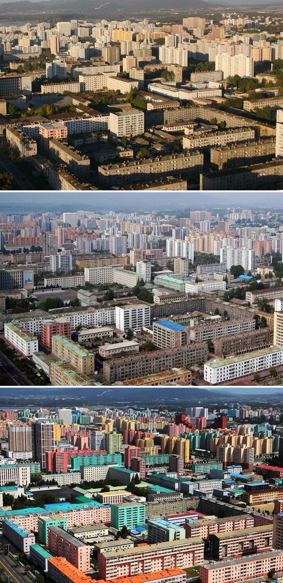 崔碩栄 Auf Twitter 二つの見方 平壌の風景について 韓国メディアは 明るくなった 活気溢れる 発展中 と好評ばかり 韓国の建築専門家は あの色は水性ペイント 高層ビルには不適切 煙突も冷却塔もない 冷暖房はないという意味 あれはフェイク都市 と