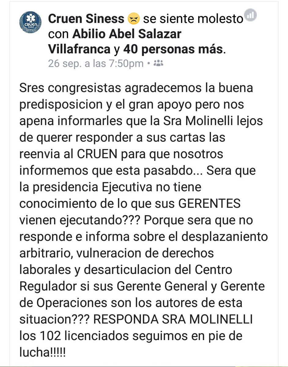 Maria71051695's tweet photo. ESALUD NO RESPETA A PERSONAL DE CRUEN SE OPONEN A NUESTRO ROL @congresoperu @dsalaverryv @msalazarcongres @stapiab @IndiraHuilca @yonhy_lescano @RichardAcunaN @vozdelatierra @exitosape @RPPNoticias @canalN_ @atvmasnoticias @Latina_Noticias @larepublica_pe @elcomercio_peru https://t.co/pGgsUkaKSr