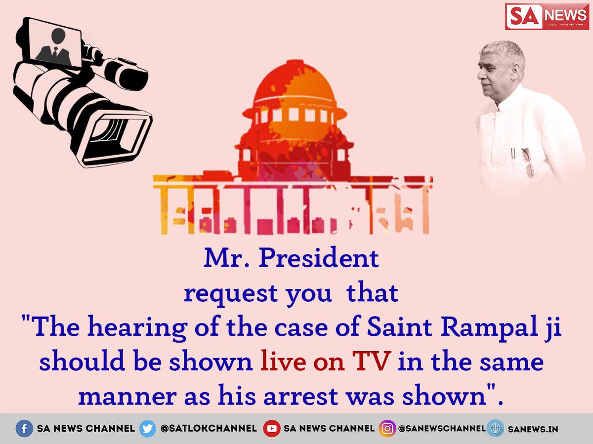 SatlokChannel's tweet photo. #MannKiBaat
We request
#LiveTelecastOfSantRampalJiCases
@rashtrapatibhvn &amp; @PMOIndia
As Justice Chandrachud said “Sunlight is the best disinfectant”.
Through the live streaming of court proceedings of Sant RampalJi's cases, people will get to know the truth behind Barwala Kand. https://t.co/4KKBOLGtdM