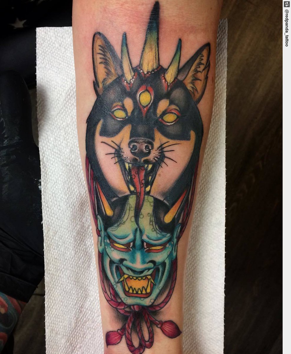 Finished this demon shibe on Lin today !! Thank you again Lin you did great  :). #japanesetattoo #shibatattoo #shiba #tattooist #tattoo, image size:988x1200