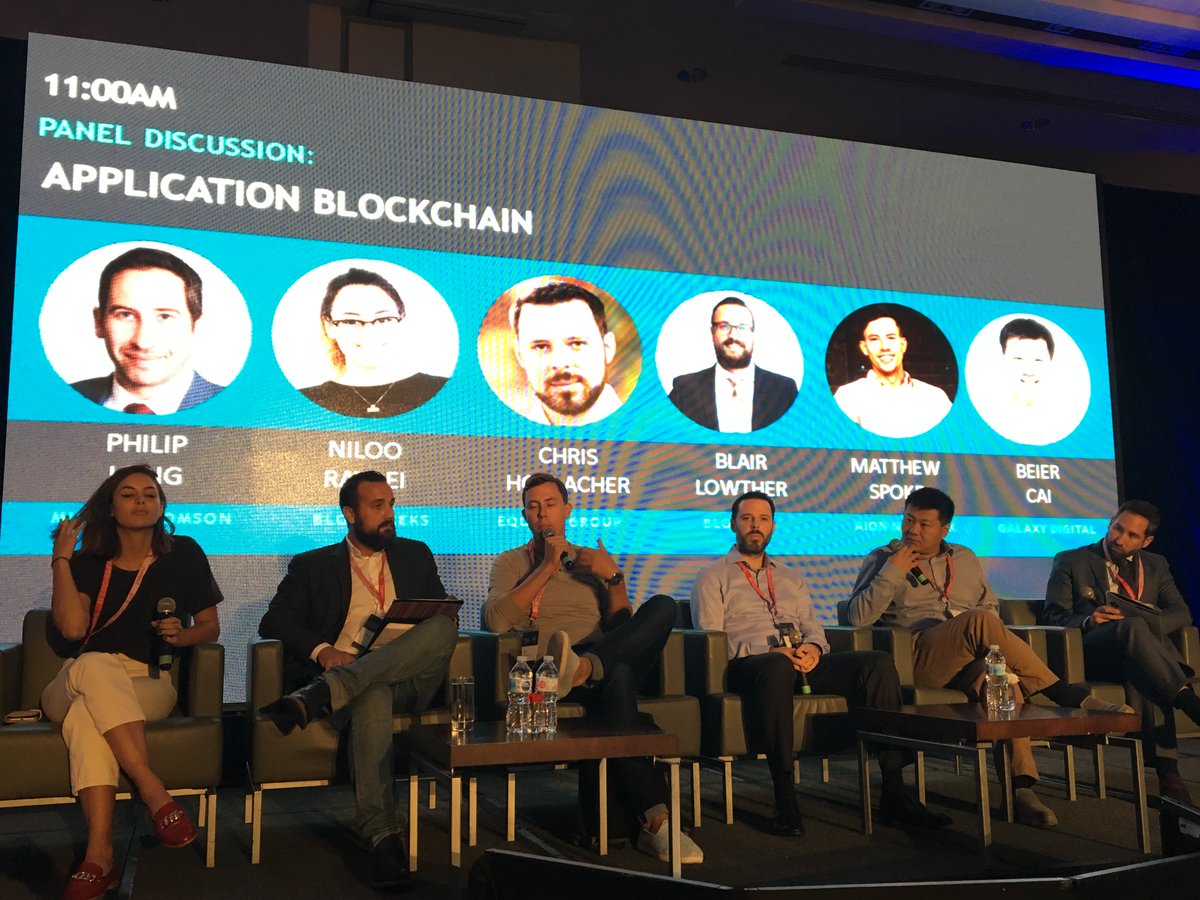 We are at the 'Application #blockchain' panel discussion with @MattSpoke of @Aion_Network , @nravaei of @Blockgks , Blair L of @BlocPal , @beiercai  of @GalaxyDigital , @ChrisHorlacher of @equibit moderated by Philip L of @MillerThomson , at the #Blockchainimpact event at Toronto
