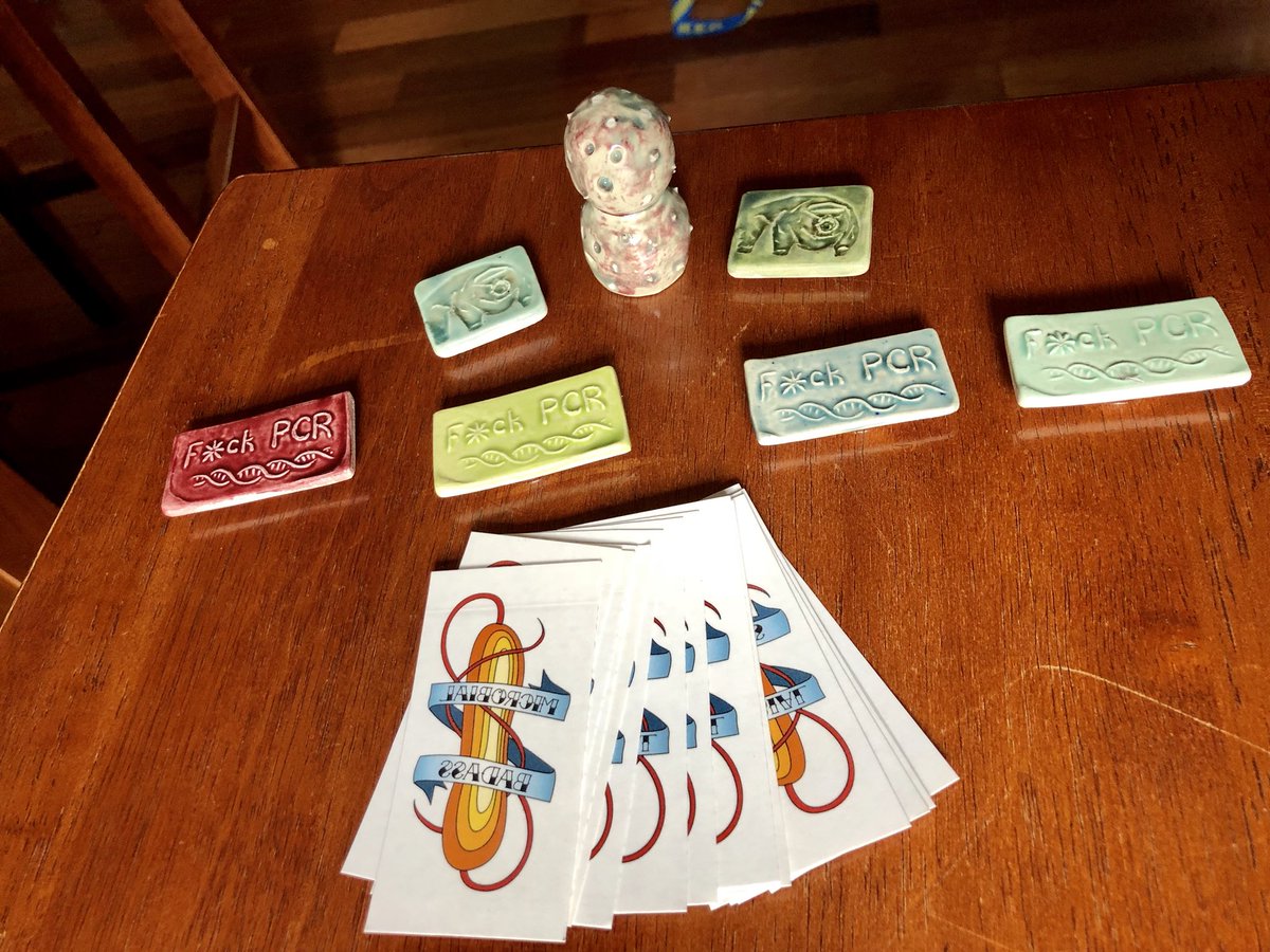 markowenmartin's tweet photo. My gifts from @vexedmuddler : #MicrobialBadass temporary tattoos. PCR magnets. Tardigrade magnets. Scary bacterial totem. I liked getting this #MicrobialGiftPack. Thank you! @univpugetsound @ASMicrobiology https://t.co/V1BKHJhzuT