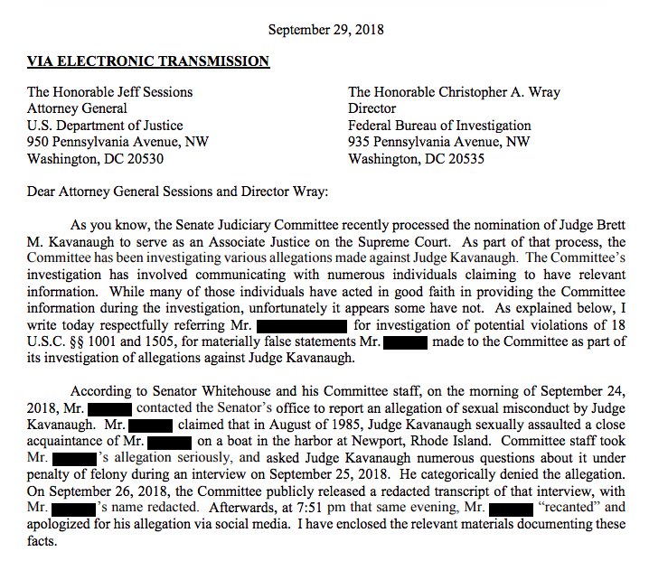 Sen. Grassley refers to Justice Department guy who falsely tipped Sen. Whitehouse that Brett Kavanaugh raped a woman on a boat in Rhode Island in 1985. (Whitehouse referred the accuser to a reporter.) 