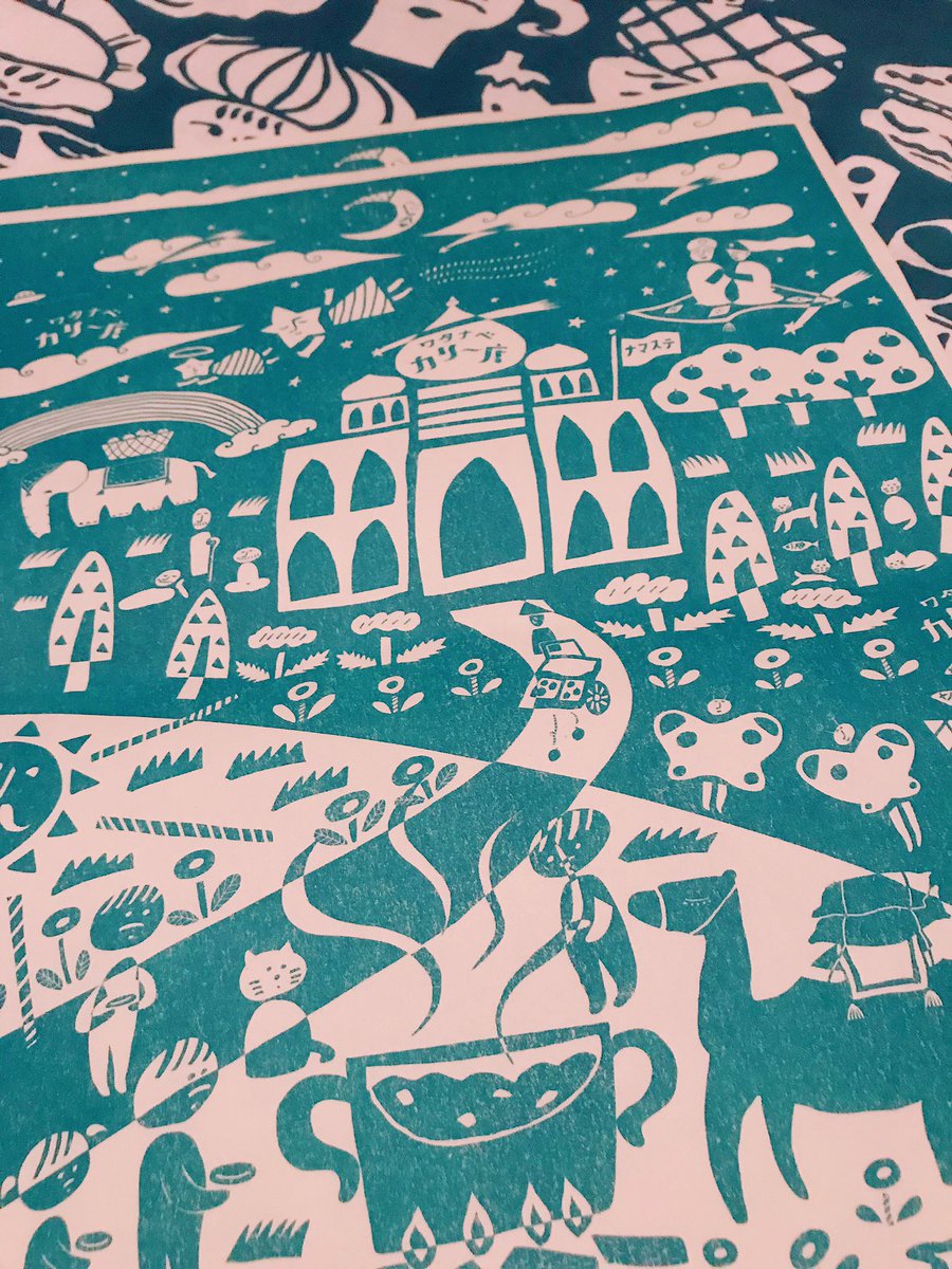 さぶ A Twitter 4年前にお仕事させてもらったワタナベカリ 店のイラストやロゴ A3の紙になって長野県安曇野から届きました 青素敵