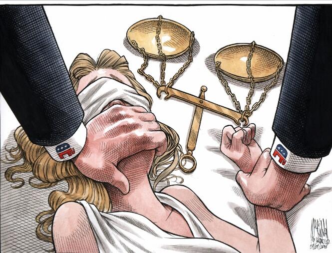 LiteraryNymph's tweet photo. This shocking visual is by @CH_Cartoon 
It represents the danger that the @GOP is to lady justice.
It's sad that people in other countries can see what so many American Citizens can't.
Let's flood their feeds with this image!!!
@senatemajldr 
@JeffFlake 
@ChuckGrassley 
@POTUS https://t.co/5klmmRDlvp