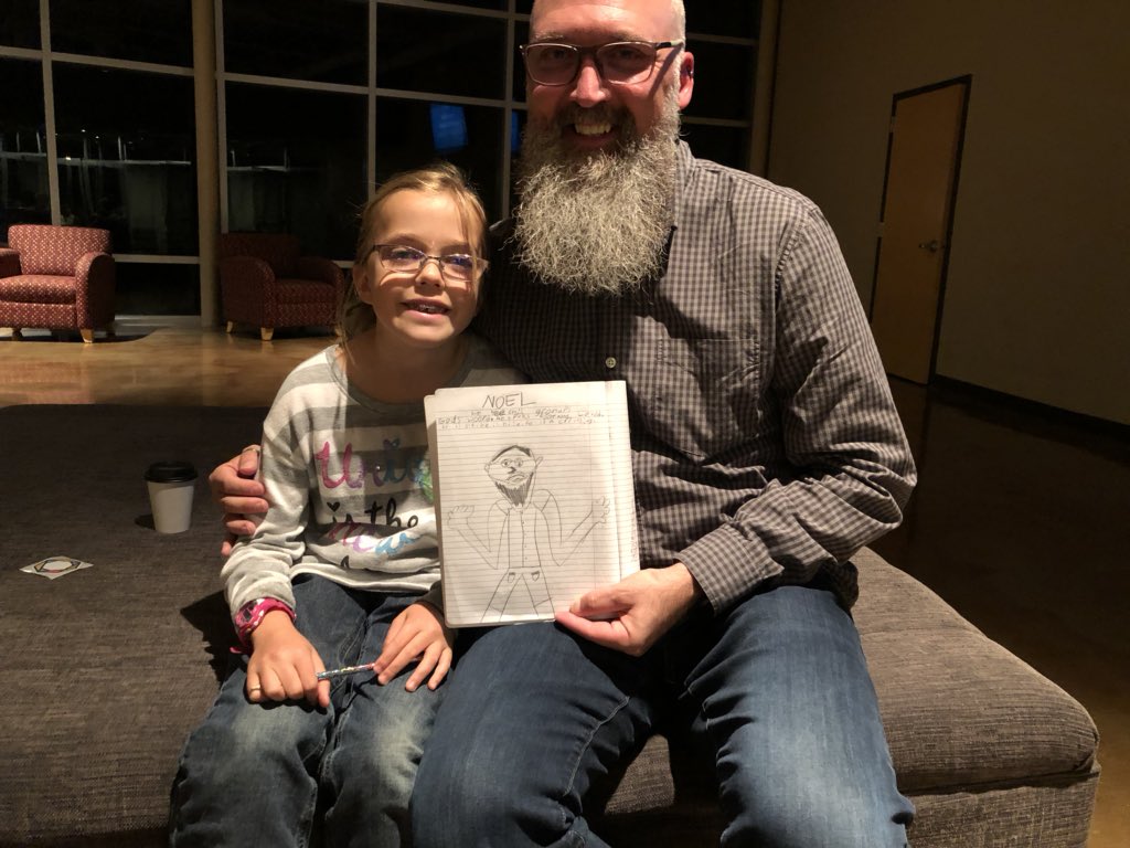 noeljesse's tweet photo. “Noel. He teaches grownups God’s Word. He speaks fast and loud. He is old. He is nice. He is a Christian.” This young artist gave me permission to post this and to type up the caption because “I’m still learning to spell because I am only 9.” She made my day. https://t.co/uFsRUO7muW