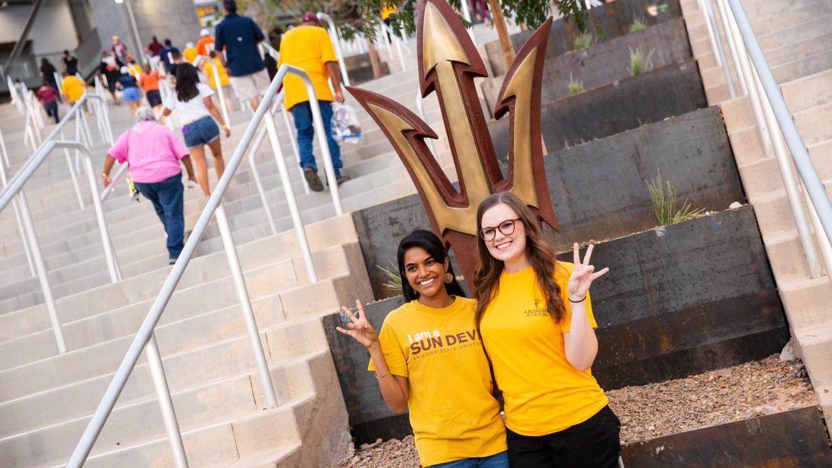 ASU's tweet photo. New fave selfie spot 🤳: The pitchkfork sculpture outside Sun Devil Stadium https://t.co/5PB7wleBEb 😍 #GoDevils https://t.co/j84EDB0shw