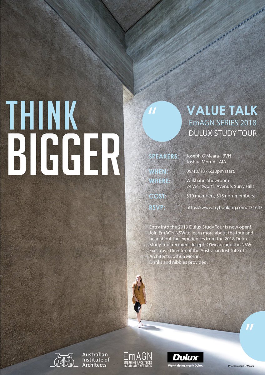 I’m presenting with Joshua Morrin on our experiences from the 2018 Dulux Study Tour at the next EmAGN Value Series Talk at Wilkhahn. Hope you can join us!
RSVP by following the link: trybooking.com/431643#DuluxStudyTour 
<a href="/DuluxStudyTour/">Dulux Study Tour</a> @AusINSArchitect <a href="/EmAGN_NSW/">EmAGN NSW</a> @Wilkhahn