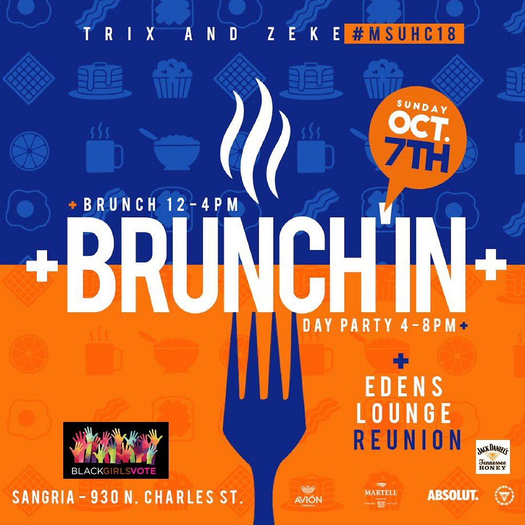 blackgirlsvote's tweet photo. For #MSUHC18 Black Girls Vote is excited to partner with #TrixandZeke for their Sunday Brunch and Day Party. Team BGV will be there conducting voter registration and education.
Brunch (12-4) &amp;  Day party (4-8). Food catered by @tastethisbalt. https://t.co/73ZaZQPrJe
