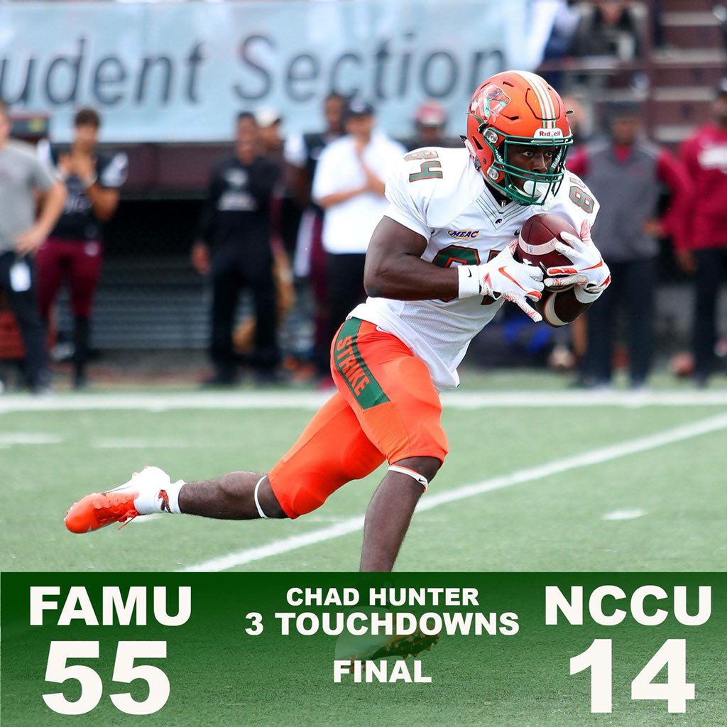 FAMUAthletics's tweet photo. Rattlers ground Eagles 55-14.  Ryan Stanley threw for 254 yards.  Chad Hunter caught 7 passes for 135 yards and three touchdowns. @MEACSports  @FAMU_1887 https://t.co/7QOwf9772S